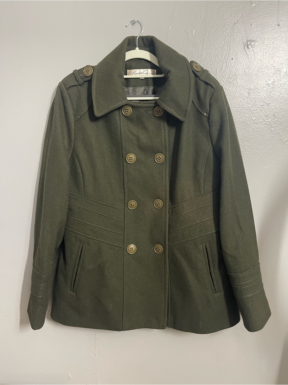 Kenneth Cole New York Women’s 16 Olive Wool Blend Military Pea Coat